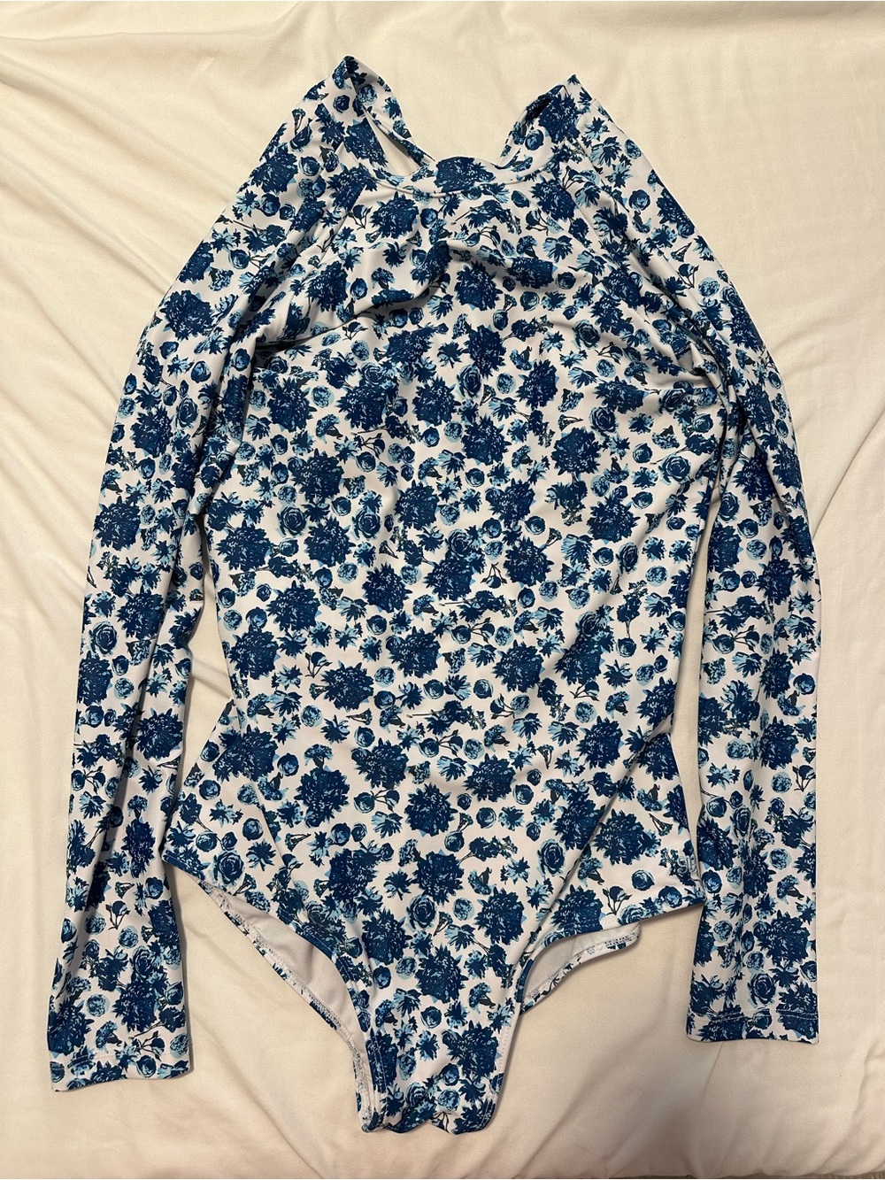 Albion Fit Santorini Long Sleeve Rash Guard One Piece Swimsuit Blue Floral M